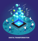 Digital Transformation Isometric Digital transformation and digitalization isometric composition with microchip and abstract computer symbols vector illustration