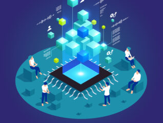 Digital transformation and digitalization isometric composition with microchip and abstract computer symbols vector illustration