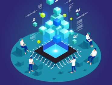 Digital transformation and digitalization isometric composition with microchip and abstract computer symbols vector illustration