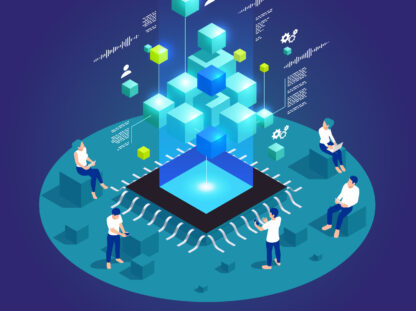 Digital transformation and digitalization isometric composition with microchip and abstract computer symbols vector illustration