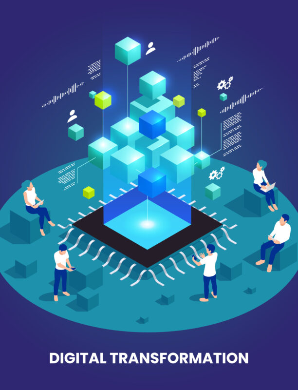 Digital transformation and digitalization isometric composition with microchip and abstract computer symbols vector illustration