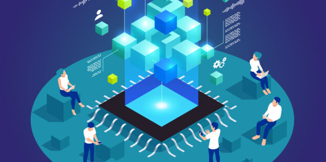 Digital transformation and digitalization isometric composition with microchip and abstract computer symbols vector illustration