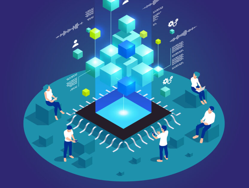 Digital transformation and digitalization isometric composition with microchip and abstract computer symbols vector illustration