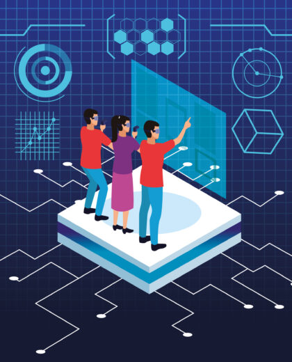 Friends playing with virtual reality glasses and gameapads with screen hologram on blue background with game graphs vector illustration graphic design