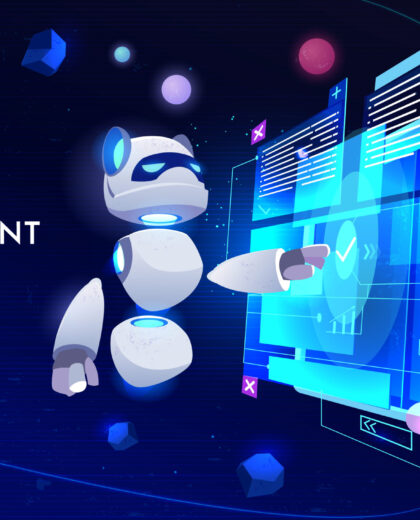 Project management landing page, computer technology in business, panda robot research at monitor with data analysis on screen, neon glowing futuristic background. Cartoon vector illustration, banner
